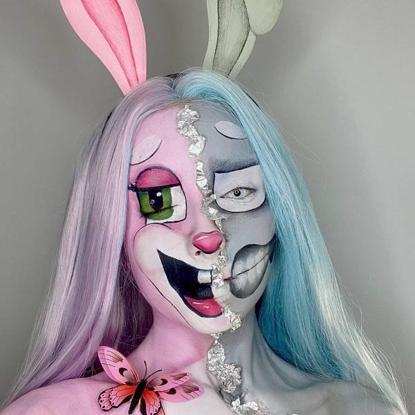 Two Face pink and blue bunny Cute Halloween Makeup Ideas