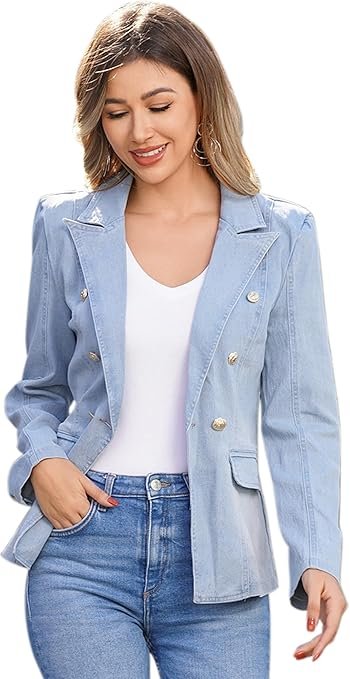 Denim Blazer Jacket for Women Long Sleeve Button Down Casual Work Office Jeans Blazer Open Front Cardigan Blazer Coat