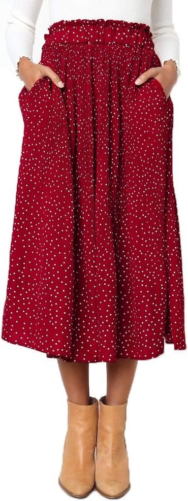 High Waist Polka Dot Pleated Skirt Midi Swing Skirt with Pockets