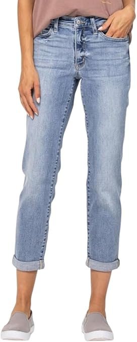 Judy Blue Women's Mid-Rise Bleach Wash Cuffed Boyfriend Jeans