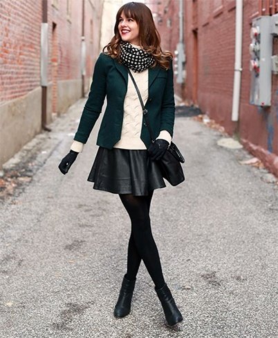 Black Ankle Boots Leather Skirt Outfits With Sweater Cream and Blazer