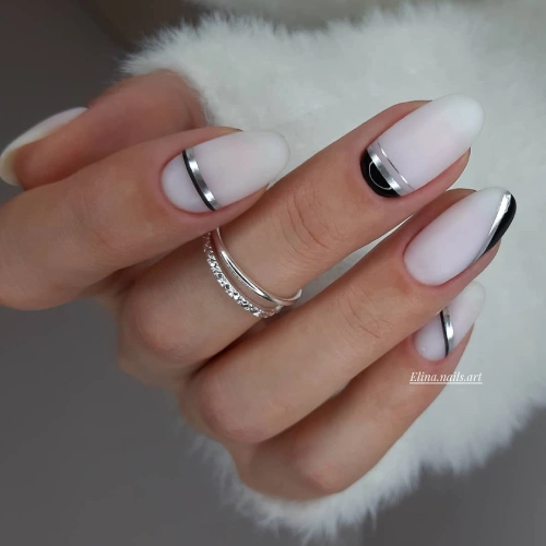 elegant white matte nails, silver lines