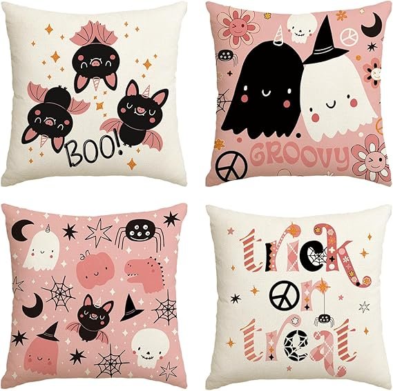 Groovy Trick or Treat Pink Throw Pillow