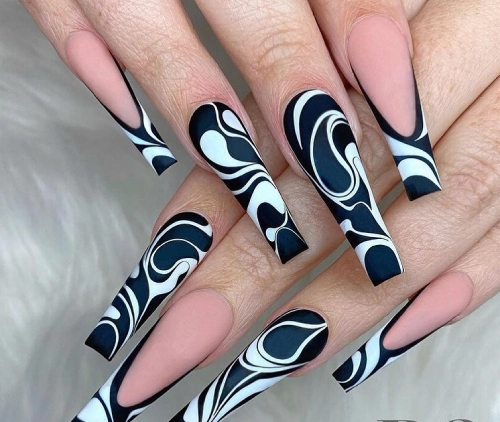 Black and white french tip swirly nails