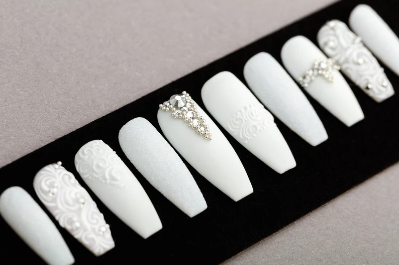 Nail Embellishment: White Bridal Design with Silver Rhinestones