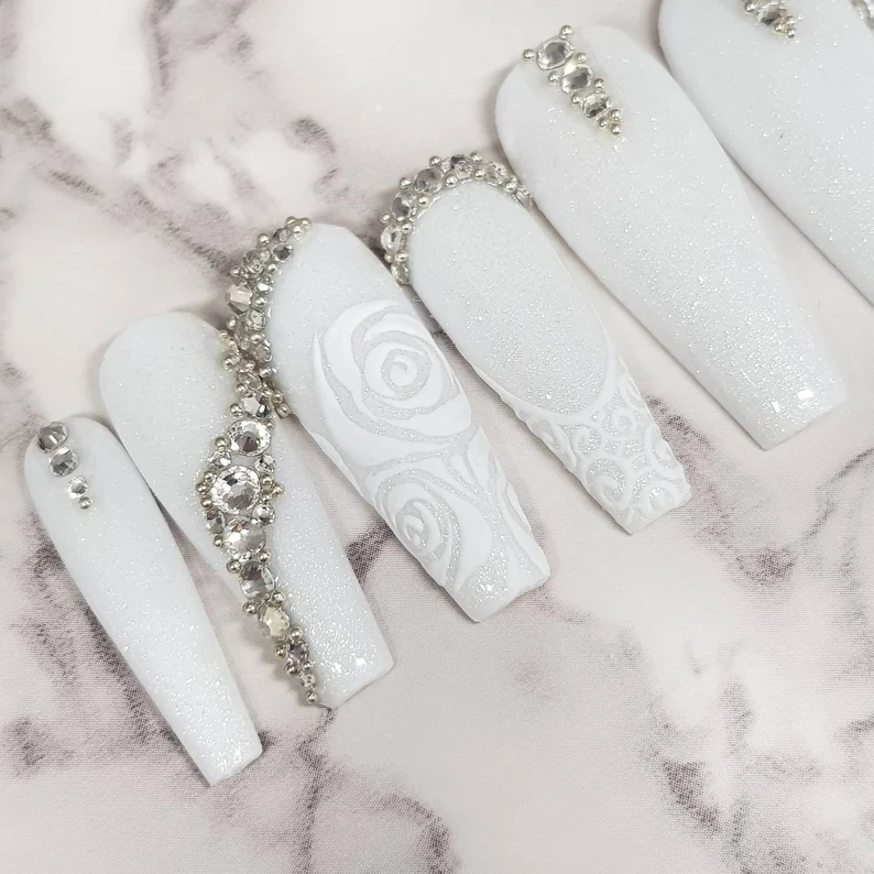Ice White Coffin Glitter with Floral Design Nail art and diamond lining