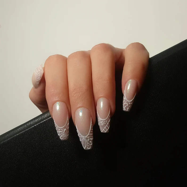 Nude French tip with White Lace Coffin Manicure