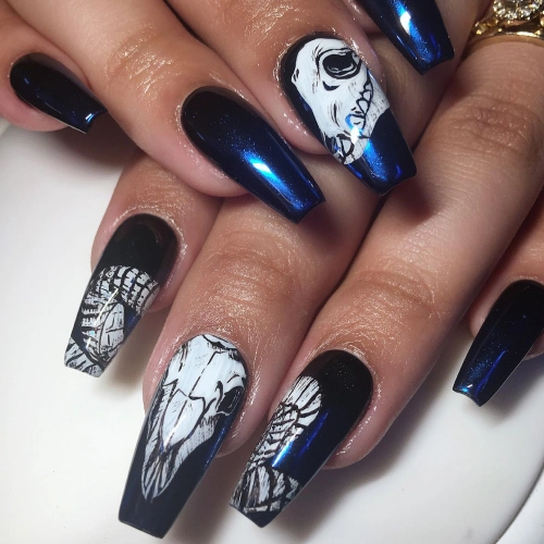 skull nail dark blue nail designs