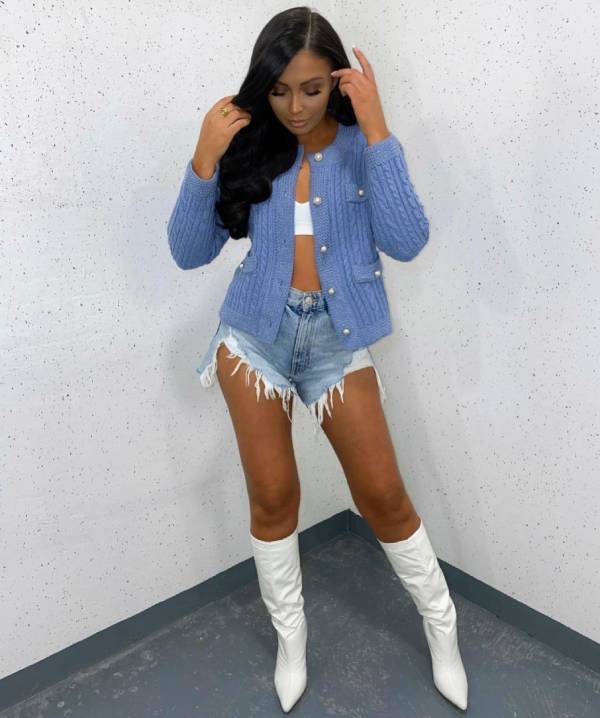 Open front long sleeve cardigan with Jeans shorts