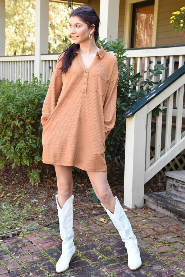 Fall Date Night Outfits-button top long sleeve and white boots