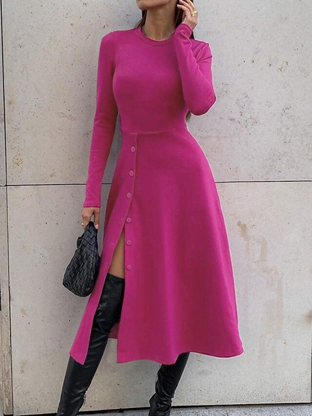 Red Long Sleeve Solid Color Split Fall Crew Neck Midi Dress Fall Date Night Outfits