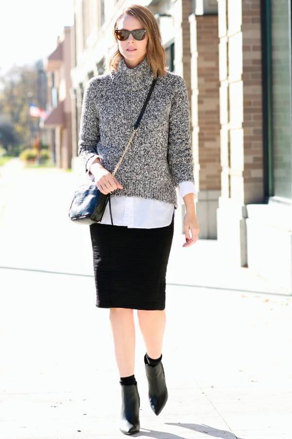 Gray Cardigan sweater over White work long sleeve button front top, black pencil skirt, and ankle boots. Professional Winter Work Outfits