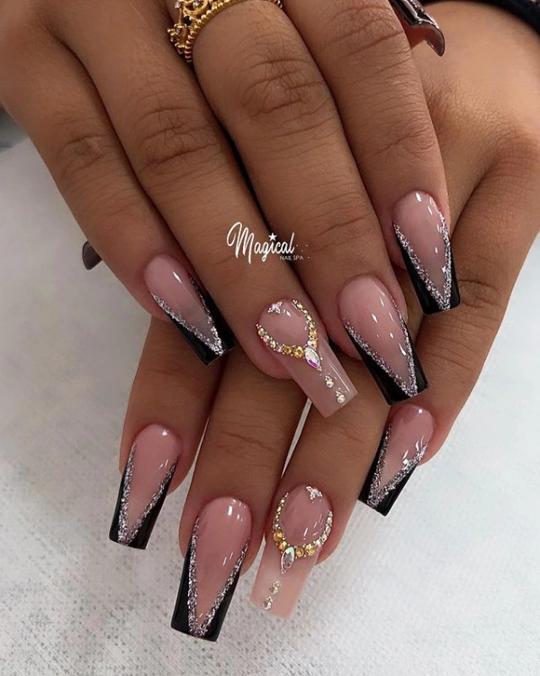 nail with silver glitter, gems, nude manicure and black