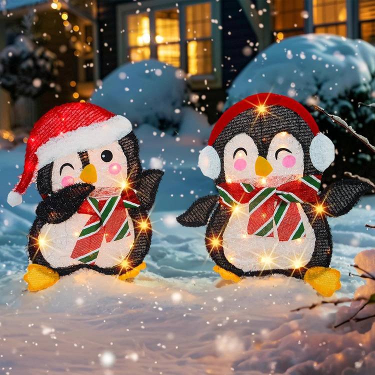 Bright Christmas Decorations Outdoor, Set of 2 Lighted Penguins