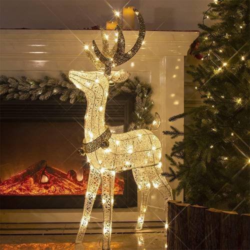 Christmas Glittering Reindeer with Gold Jingle Bell and Twinkle Light Outdoor