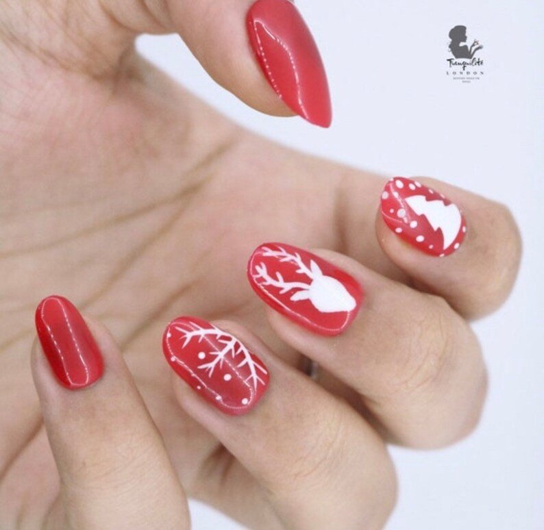 Christmas Red Reindeer With Snowflake nails