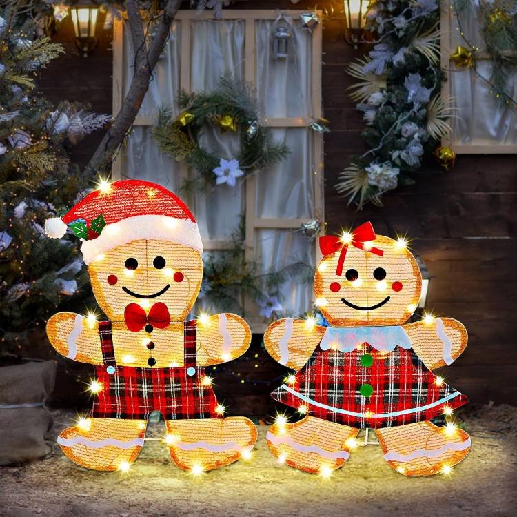 Christmas Yard Decoration, Set of 2 Pre-lit Gingerbread Man with 50 LEDs Warm White Lights