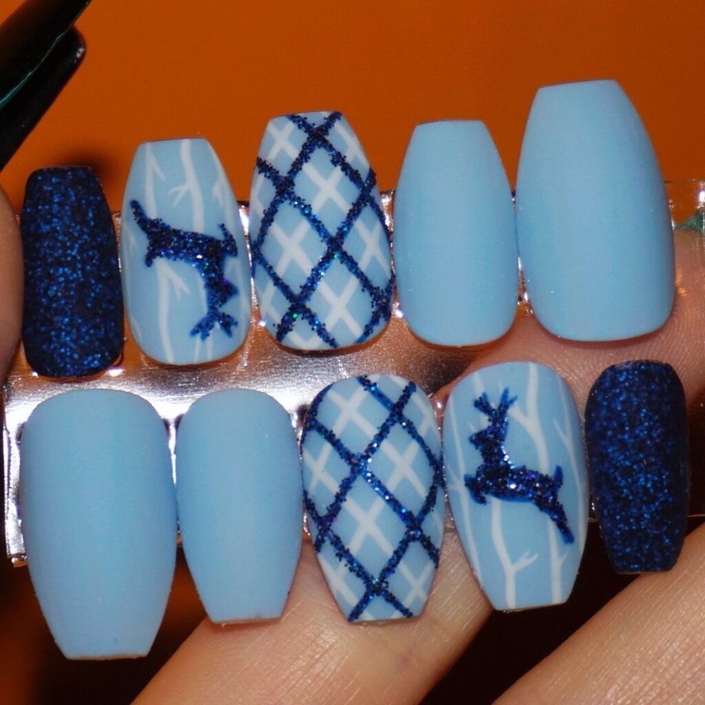 Dark and Light Blue Reindeer Nails