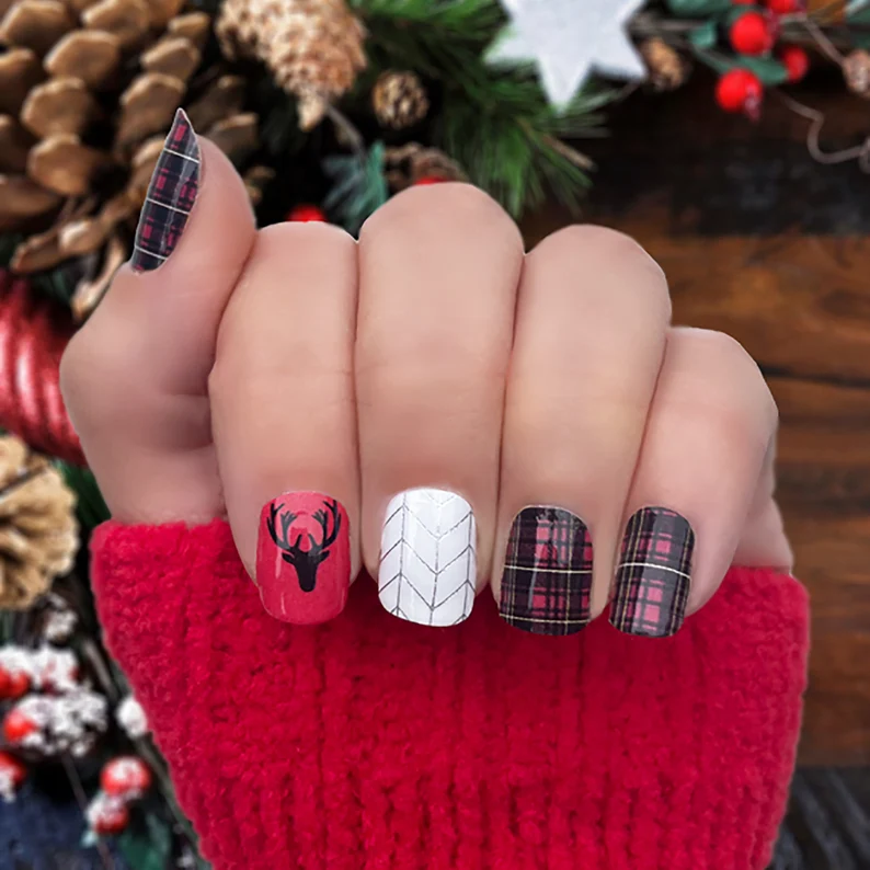 Red and Black Reindeer Nails