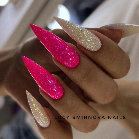 pointy pink and silver glossy nail art