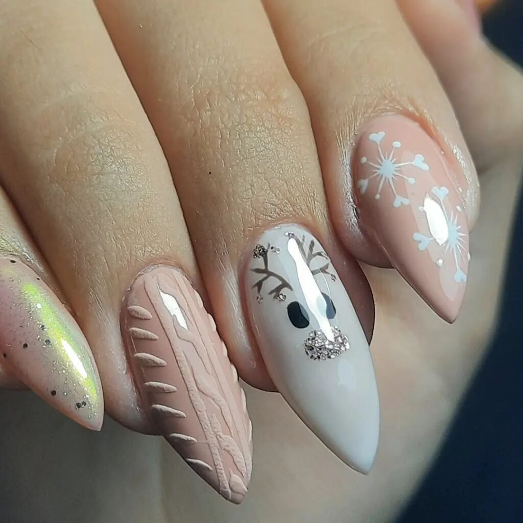 white and Pink reindeer nails