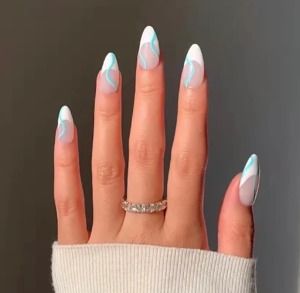 negative space blue swirly nails
