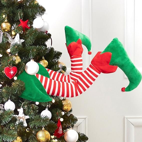 Christmas Elf Stuffed Legs Stuck Tree Topper Decorations