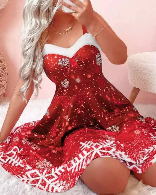 Christmas Snowflake Print Fuzzy Trim Dress