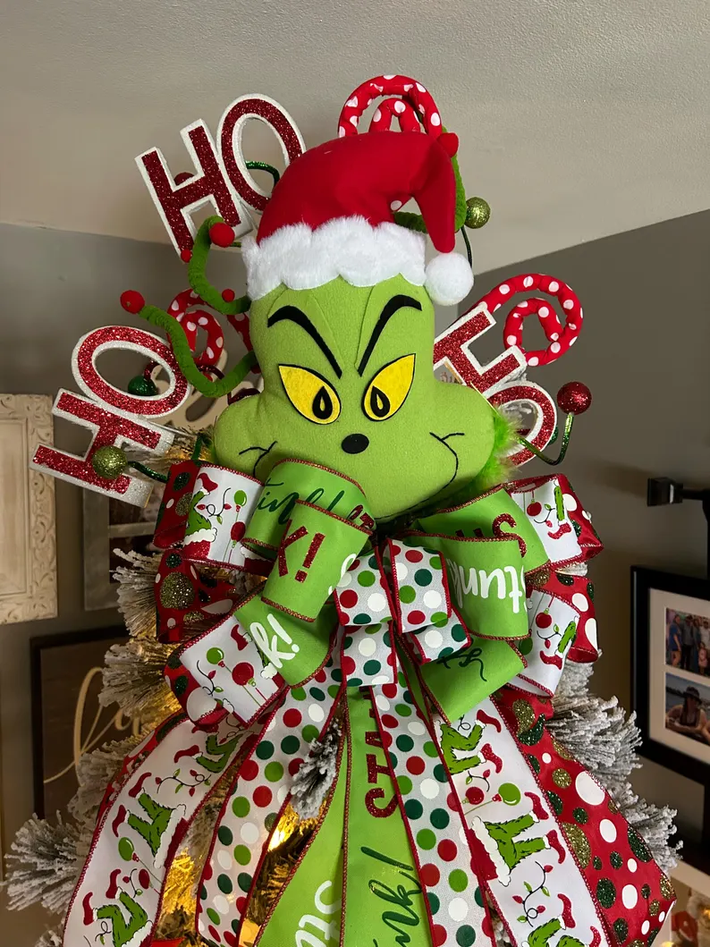 Grinch inspired tree topper, green monster tree topper