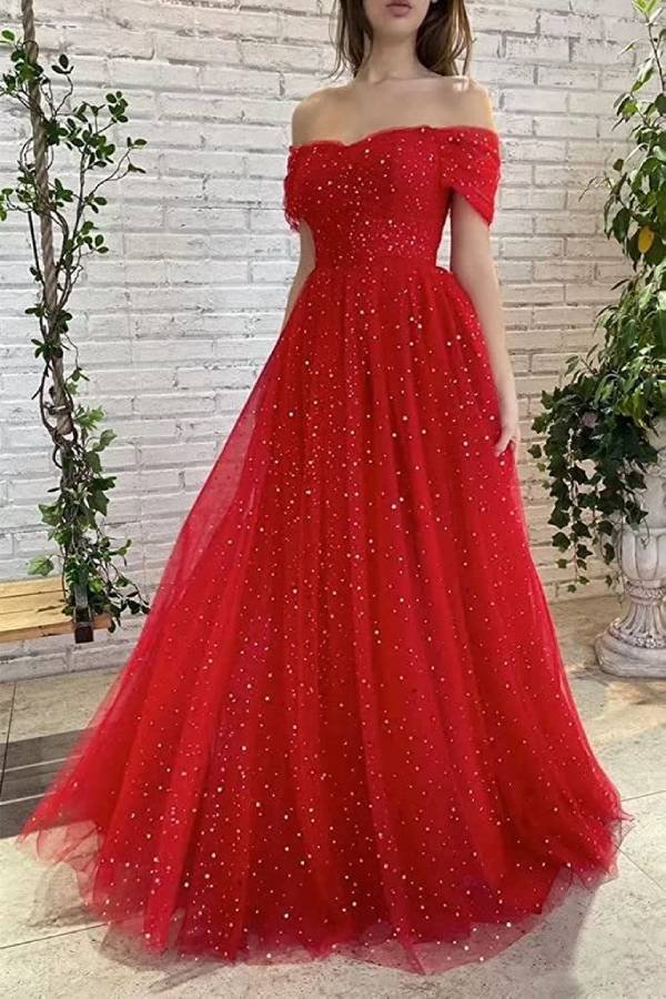 Long Sparkle Starry Tulle Formal Evening Gown Red Christmas Dress