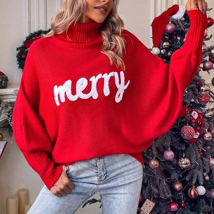 Merry Sweaters Turtleneck Long Sleeve Letter Print Loose Knitted Pullover Merry Christmas Sweater