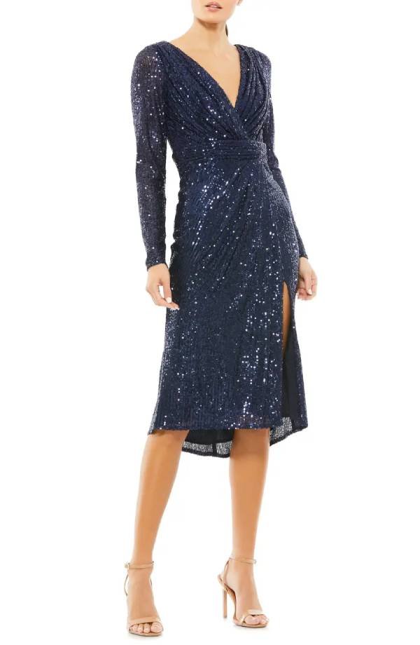 Shimmer Sequin Long Sleeve Faux Wrap Cocktail Dresses for Women Over 50