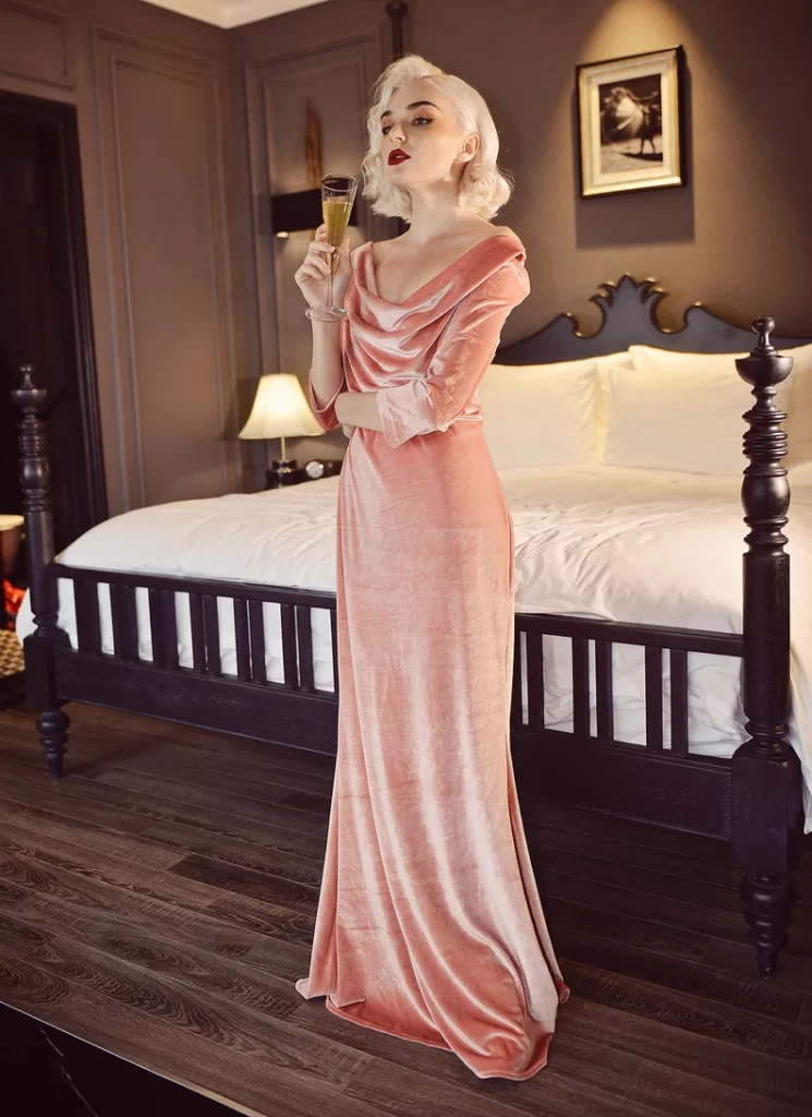 Velvet Dress Maxi - Long Sleeve - Velvet Long Gown Cocktail Dresses for Women Over 50