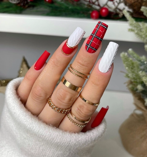 plaid red and white nails with sweater pattern