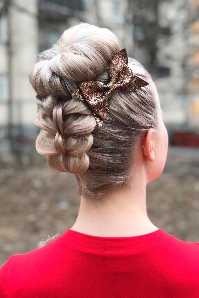 Gorgeous Gold and Silver Bow in Braided bun Christmas Hairstyles