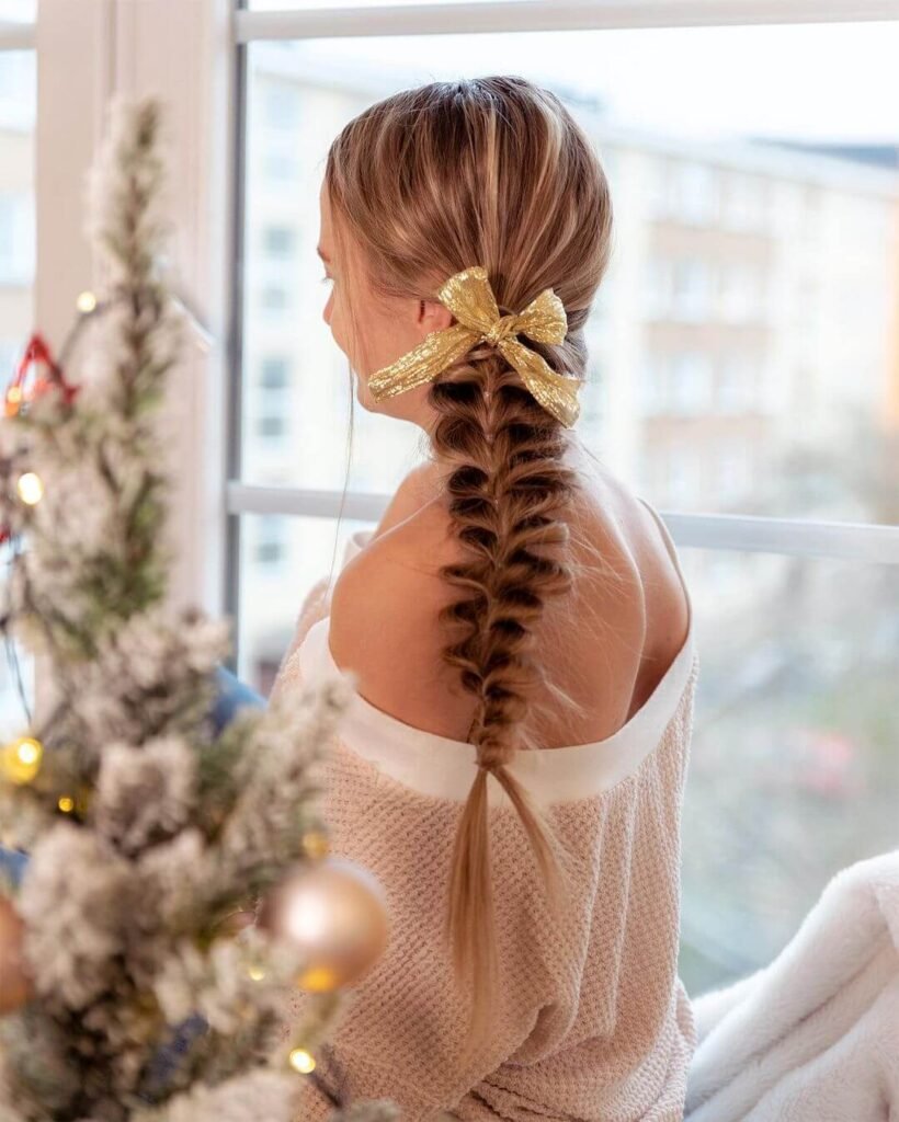 Braided Christmas Hairstyles with Gold Bow