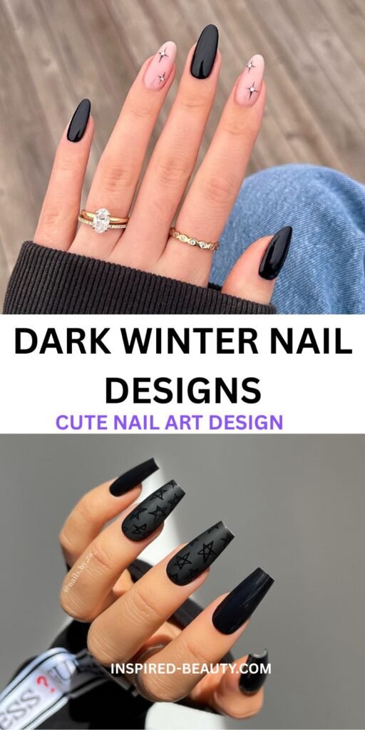 dark winter nail designs, stars and black color