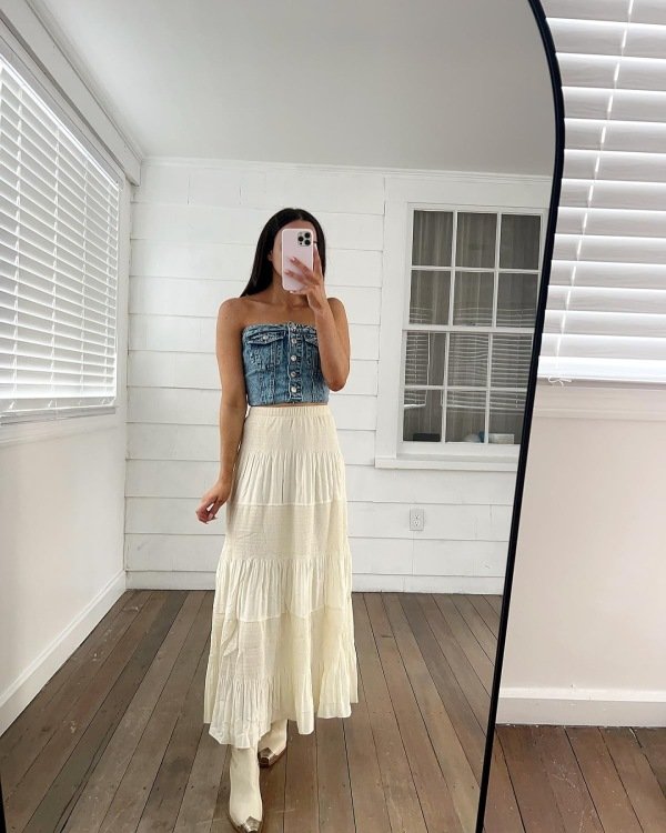Nashville outfit idea with long white skirt and denim tube top. Cute Country Concert Outfits