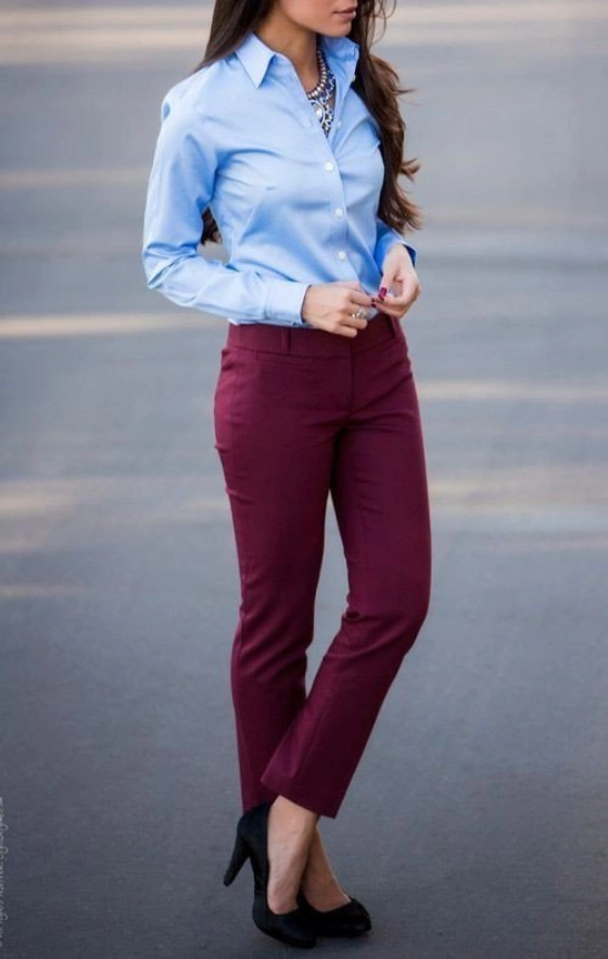 chic Dark Red Pants And Blue Shirt