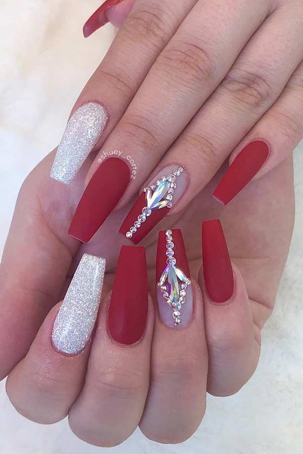 red and silver nails and rhinestones