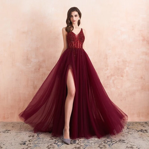Long Red Sequined V Neck Prom Modest Homecoming Dress