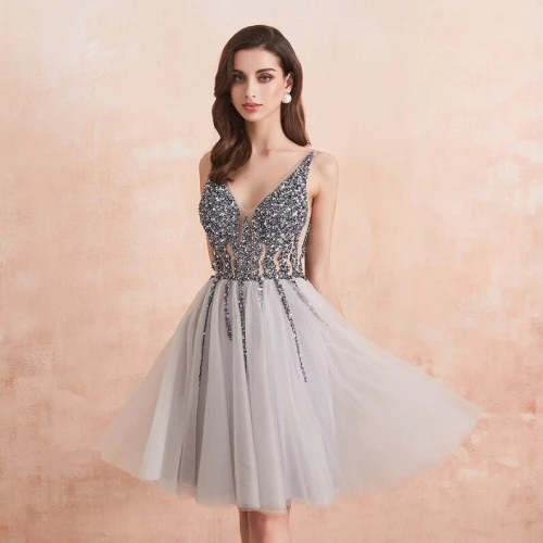 Sparkly Crystal Sequin V Neck Cute modest Homecoming Dress