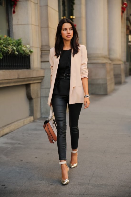 pink blazer with black leather pants and heels