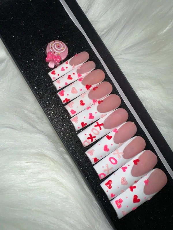 long red and white heart nail designs