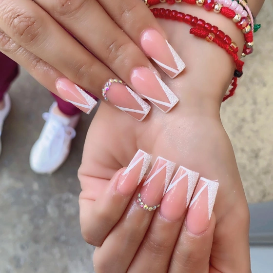Elegant French Tips With Detailed Lines.