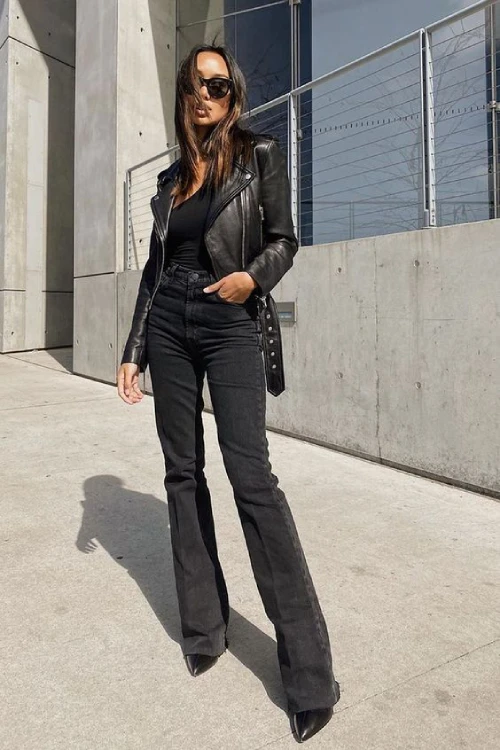 Black Leather Jacket with flare pants and Pointed front boots