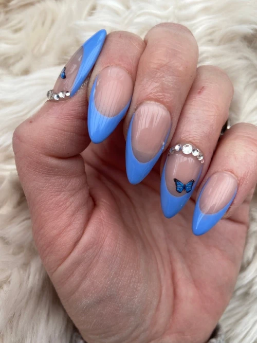 Blue French Tip Butterfly Crystal Nails