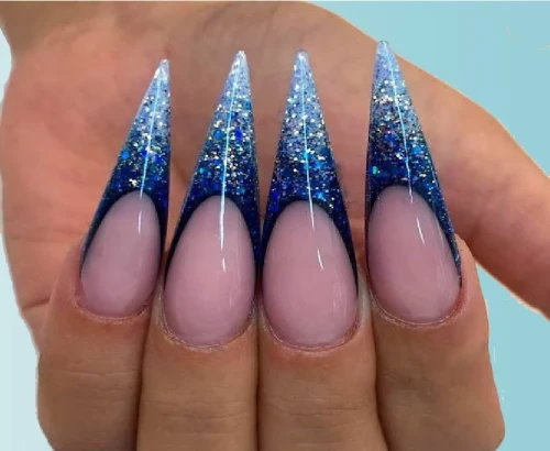 French Blue Sparkle Long Stiletto Press on nails