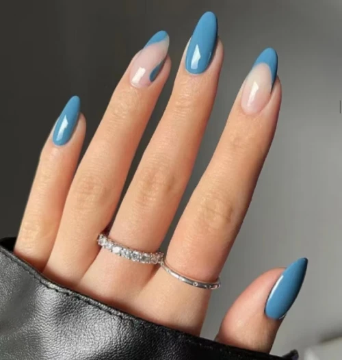 Luxury Blue French Tip Swirl Medium Long Almond Shape Press On Nails