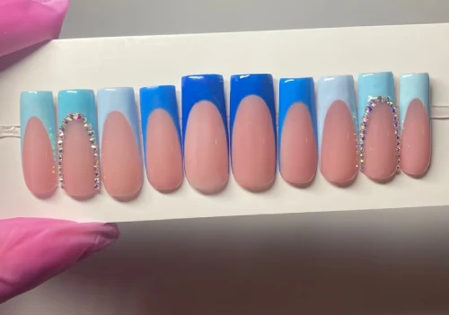 Multi-blue French tip press on nails